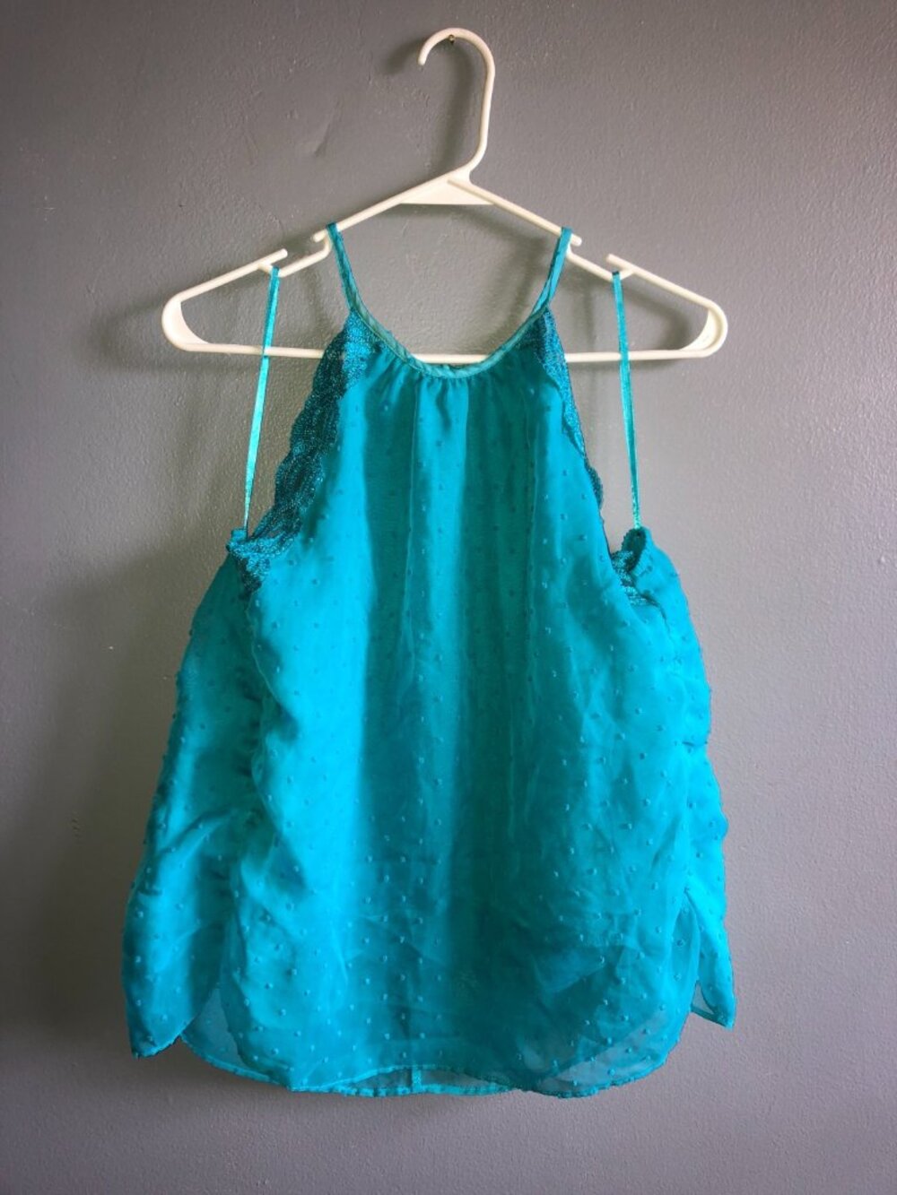 Womens Aqua Green High Top Tank Top Lace Summer Blouse Textured Polka-Dot Large